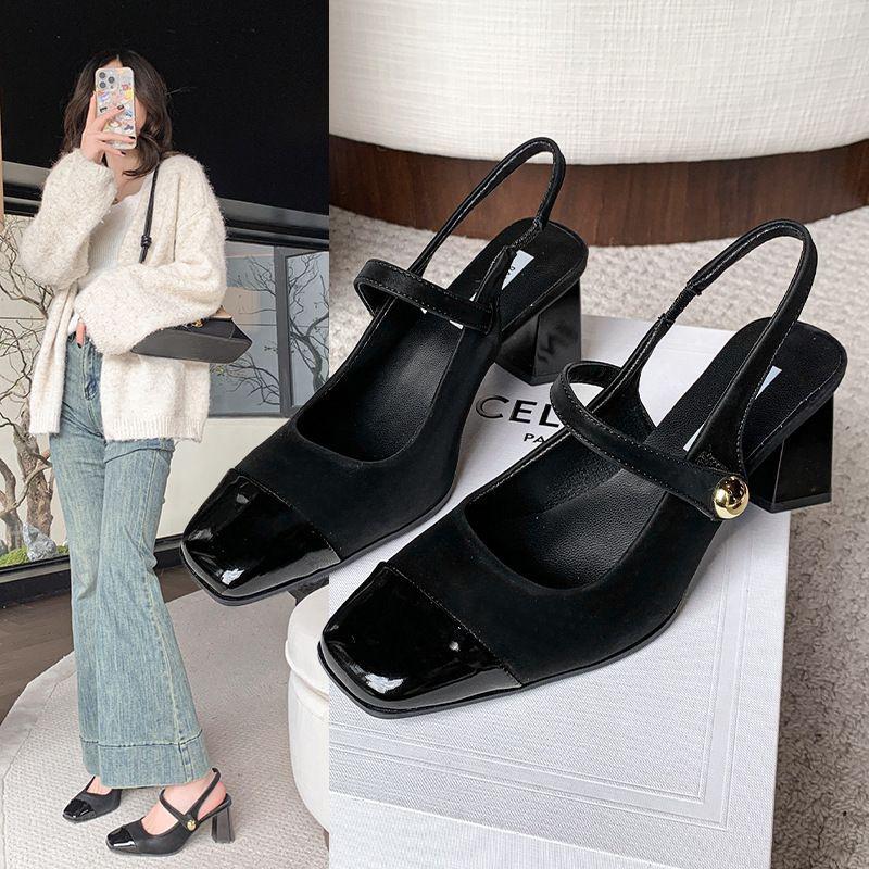High heels Mary Jane shoes evening shoes single shoes French spring and summer soft sole with skirt square head bag head sandals women's thick