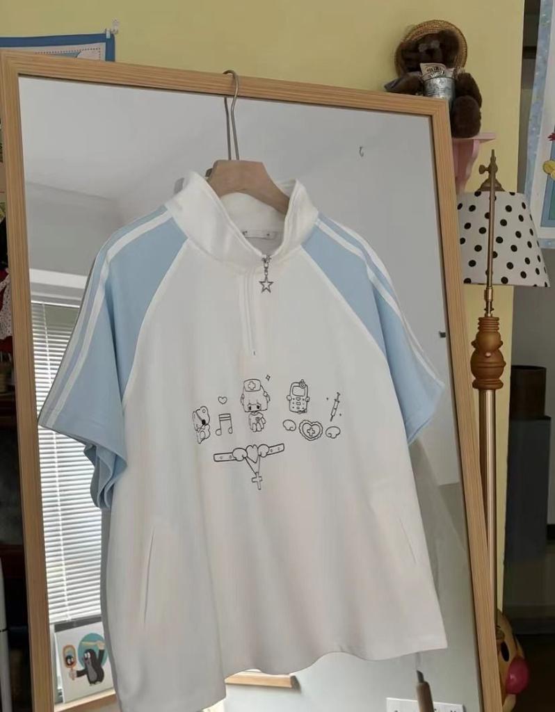 Preppy Styl 2dílné Sety Dámské Oblečení Krátký Rukáv Stojáček Patchwork Trička Ležérní Módní Šortky Oblek Korejský Letní Set