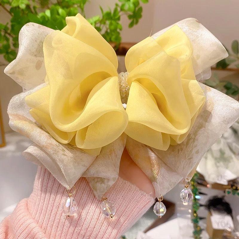 

Light Yellow Large Fluffy Bow Spring Hair Clip With Crystal Pendant, Women s Hair Accessory