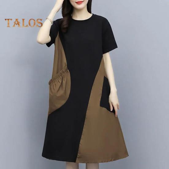 Women Midi Dress Round Neck Short Sleeve Loose Fit Summer Dress with Pockets Patchwork Color Lightweight Casual Dress