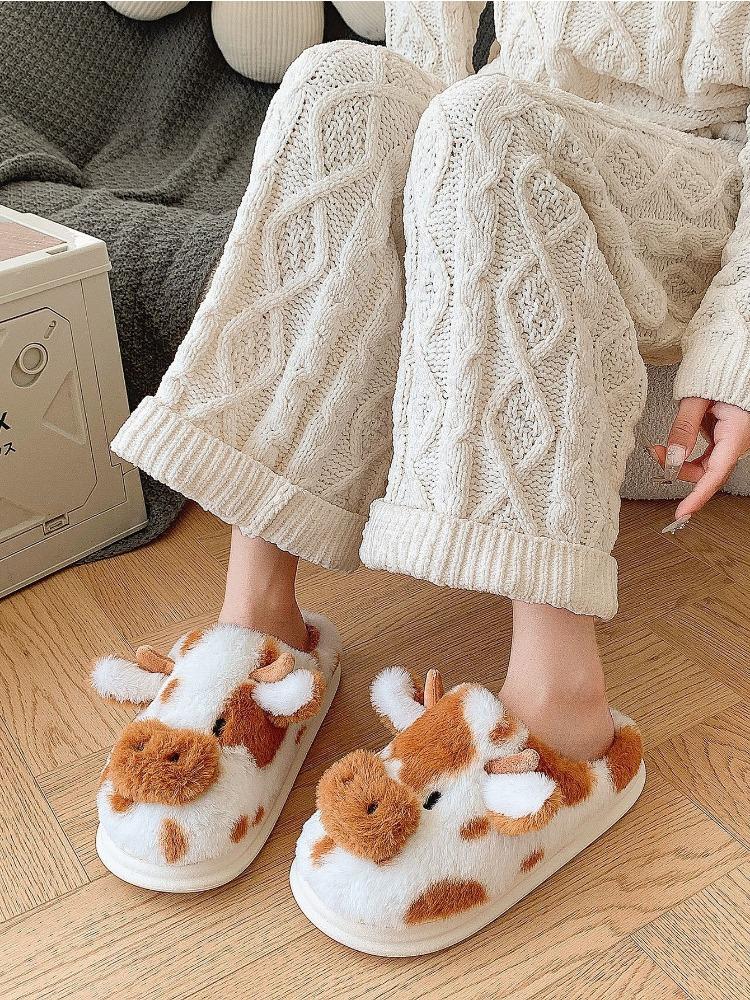 Spotted Dairy Cow Indoor Household Plush Slippers, Home Cotton Slippers, Warm Thick Soled Plush Slippers