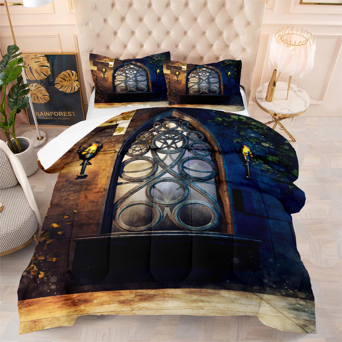 Iron Window Decoration Filled Feather Silk Cotton Quilt Digital Printing Three-piece Bedding Quilt Cover 140*200cm