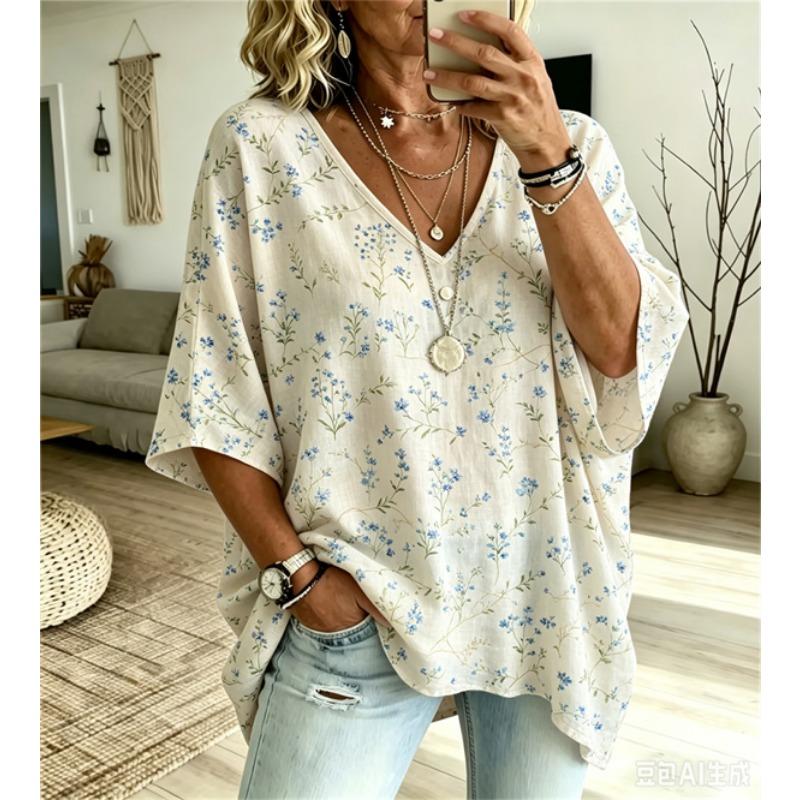Plus-Size Women's V-Neck Batwing Sleeve T-Shirt Bohemian Ethnic Print Loose Top Summer Comfortable Breathable Daily Commute Casual Slimming Style