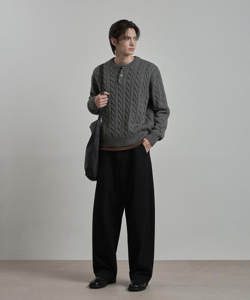 WORK ON BODY OFF Tord Semi-Overfit Cable Henley Neck Knit [Gray]
