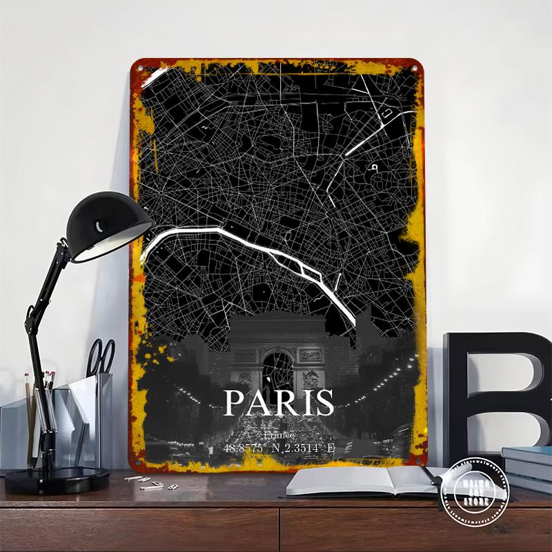 Paris City Map Art Poster Customized Wall Art Vintage Metal Signs Retro Tin Plaque for Man Cave Decoration At Home Decorations