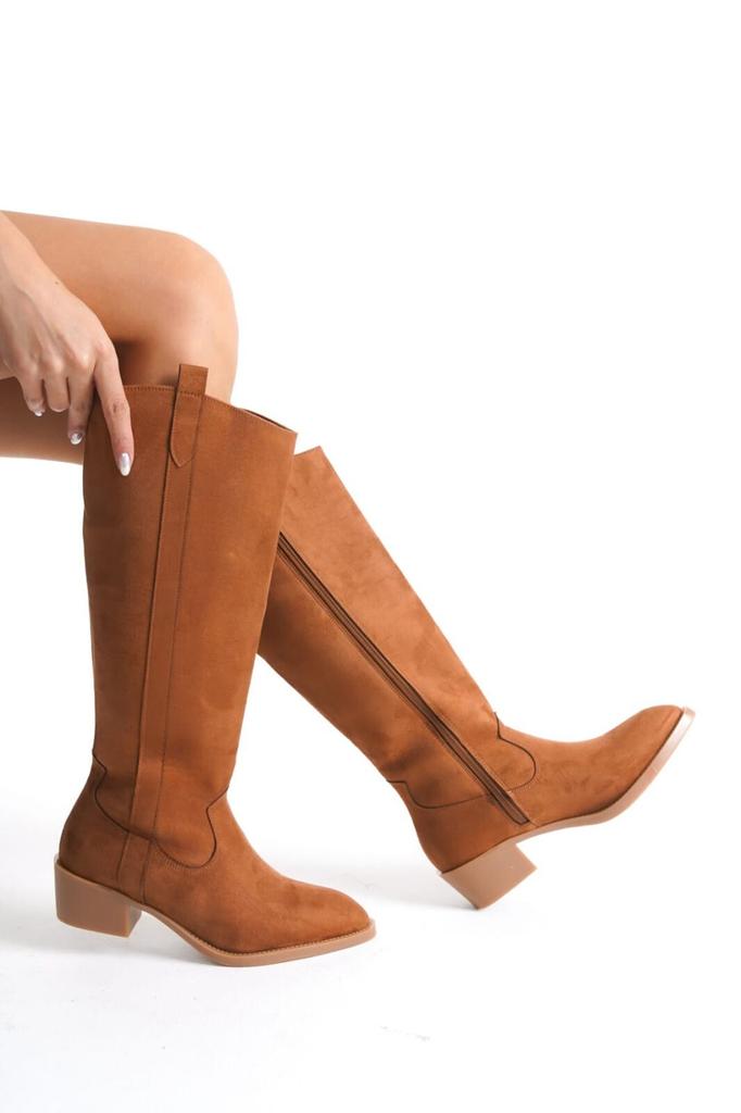 Women Modern Stylish Fashion Boots Faux Leather Suede Pointed Toe Zippered Knee High Tan Suede Boots