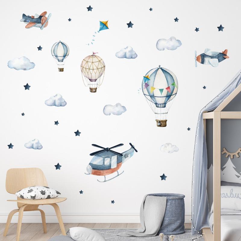 Cartoon Airplanes Hot Air Balloon Clouds Wall Stickers for Children's Room Kids Room Baby Boy Room Wall Decals Nursery Stickers