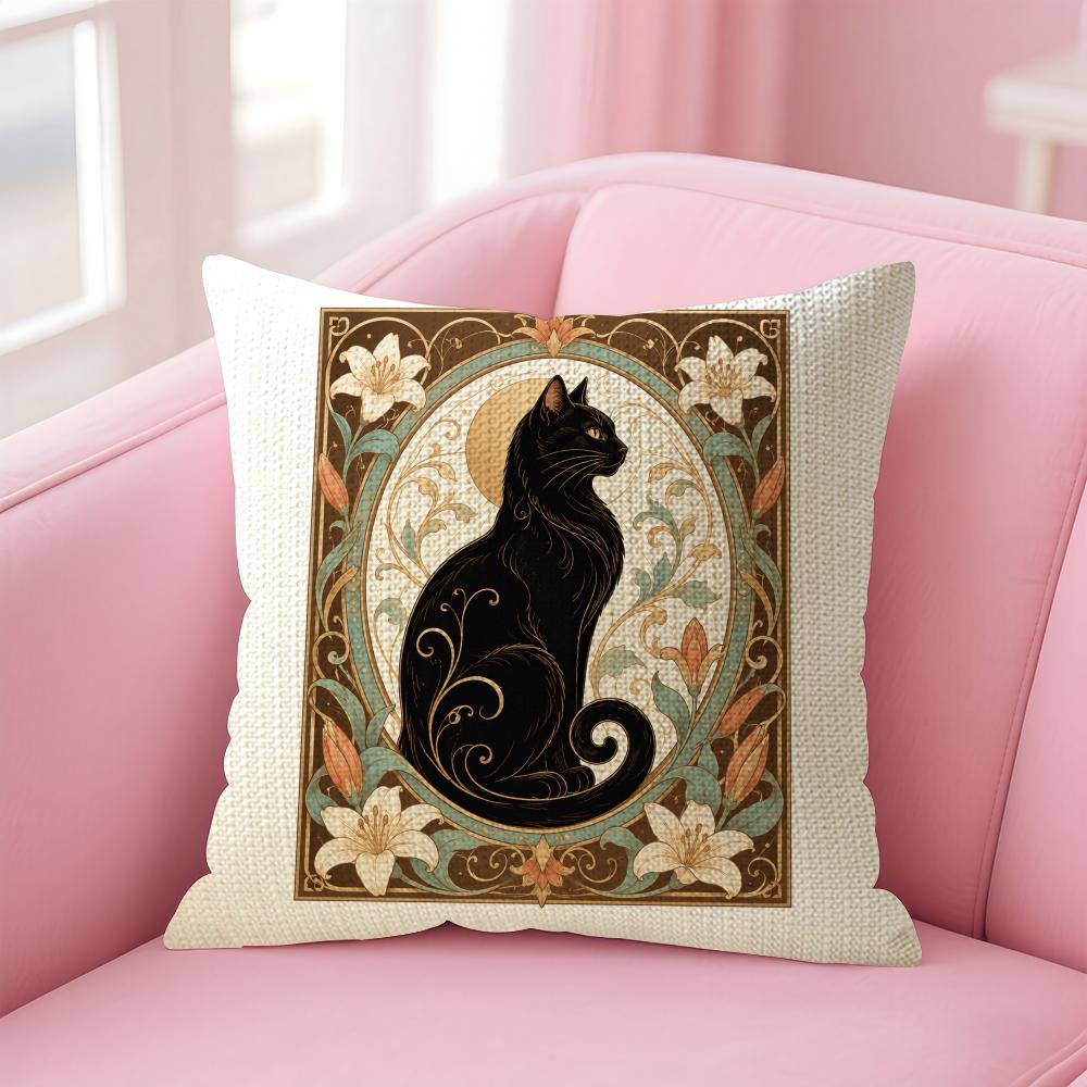 Retro Art Noble Black Cat Cushion Cover Linen Organic Fabric DoubleSided Printing Sofa Breathable Home Decor Gift Pillow Case