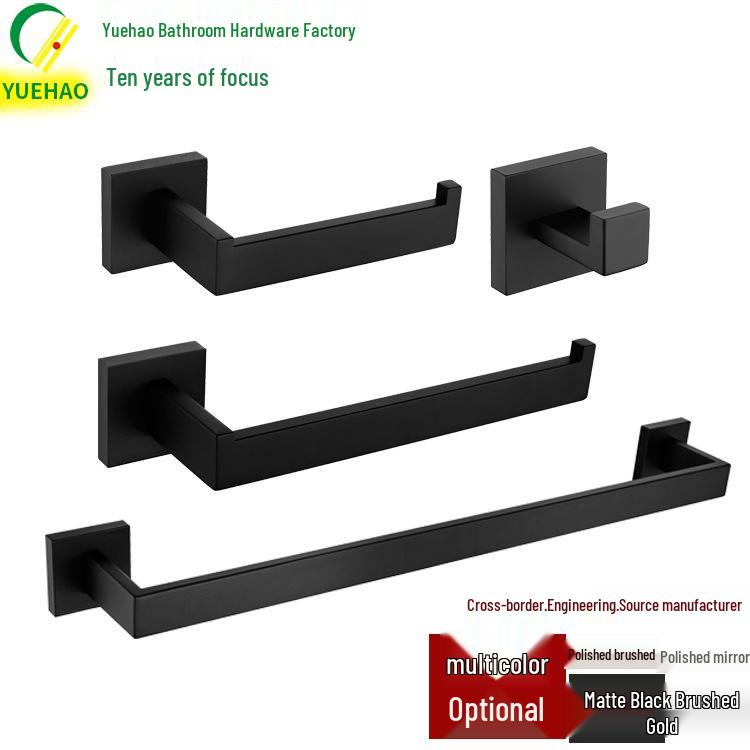 Matte Black Stainless Steel Bathroom Set: Towel Rack, Ring, Shelf, Paper Holder & Square Towel Bar.