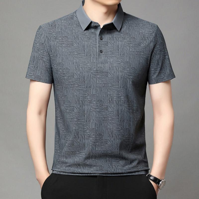 Mens Short Sleeve Printed Plaid Turn Down Collar Casual Summer Polo T Shirt M