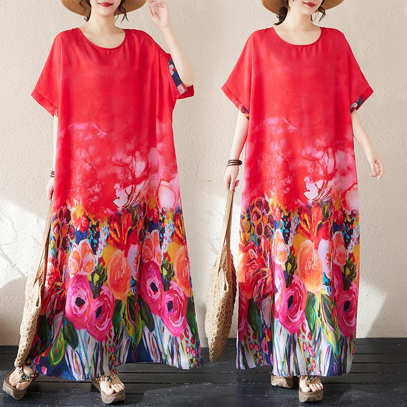 DIMANAF 2025 Summer Women Plus Size Loose Long Dress Beach Basic Casual Dress Vintage Floral Printing Holiday Dress