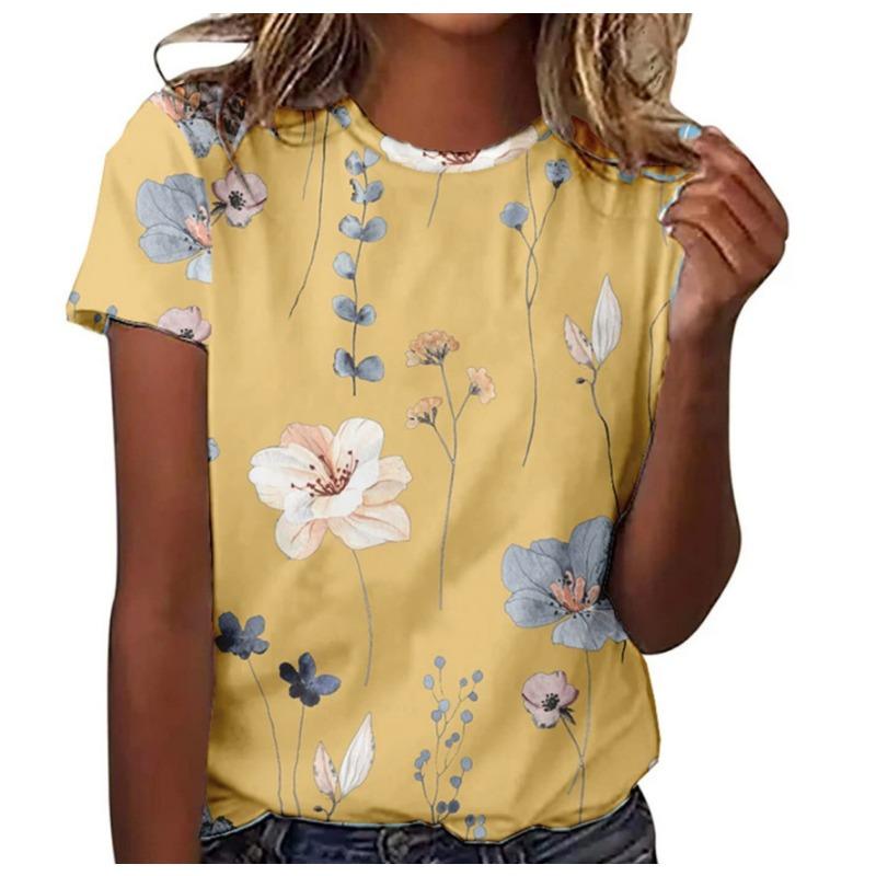 Summer Round Neck 3D Floral Pattern Printed Top Fashionable Casual Short Sleeved Women's T-shirts
