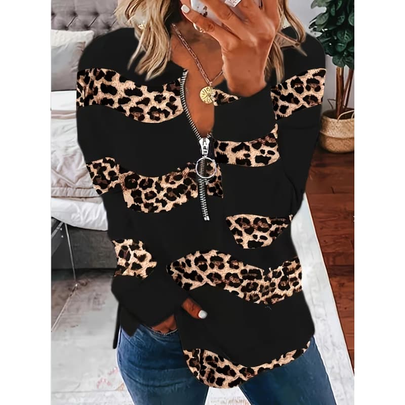 T-shirt da donna con stampa creativa, zip e maniche lunghe, traspirante, morbida e confortevole, adatta per l'abbigliamento casual tutto l'anno
