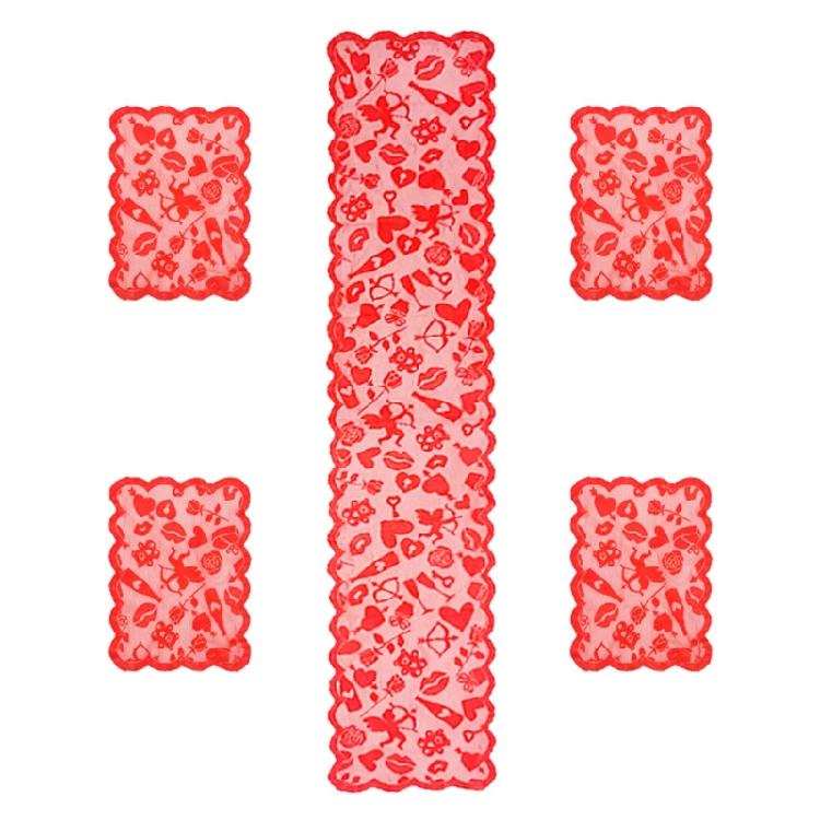 

5Pcs Valentines Theme Lace Table Runner and Placemat Set with Heart Pattern Romantics Weddig Anniversaries Dinner Decors