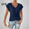 Damen-Oberteile, V-Ausschnitt, kurze Ärmel, T-Shirt mit Falten-Design, einfarbig, lockere Passform, kreuzgefaltete Oberteile, für den Alltag