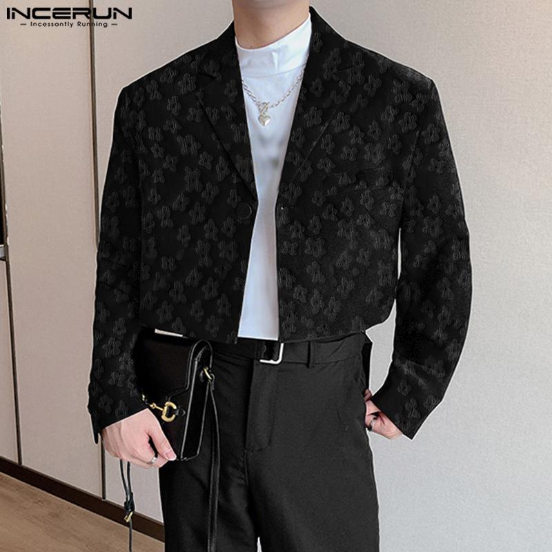 INCERUN Men Lapel Neck Long Sleeve One Button Flowers Texture Cropped Blazer Coats