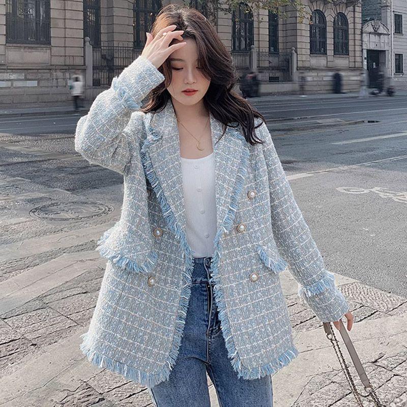 Fashionable Lapel Suit Jacket for Ladies, Winter Sweet Checkered Suit Jacket