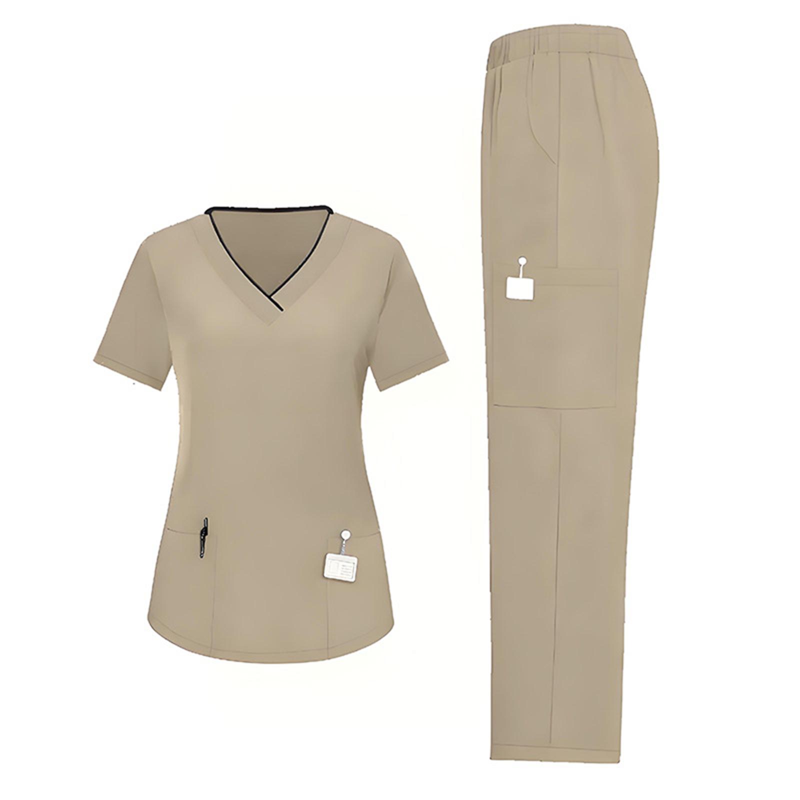 

Жіночий вільний та зручний робочий костюм з V-подібним вирізом, коротким рукавом та численними кишенями, комплект S жовтий