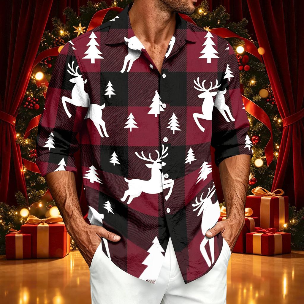 Men's Casual Long Sleeve Button Down Shirt with Christmas Print for Fall and Winter
