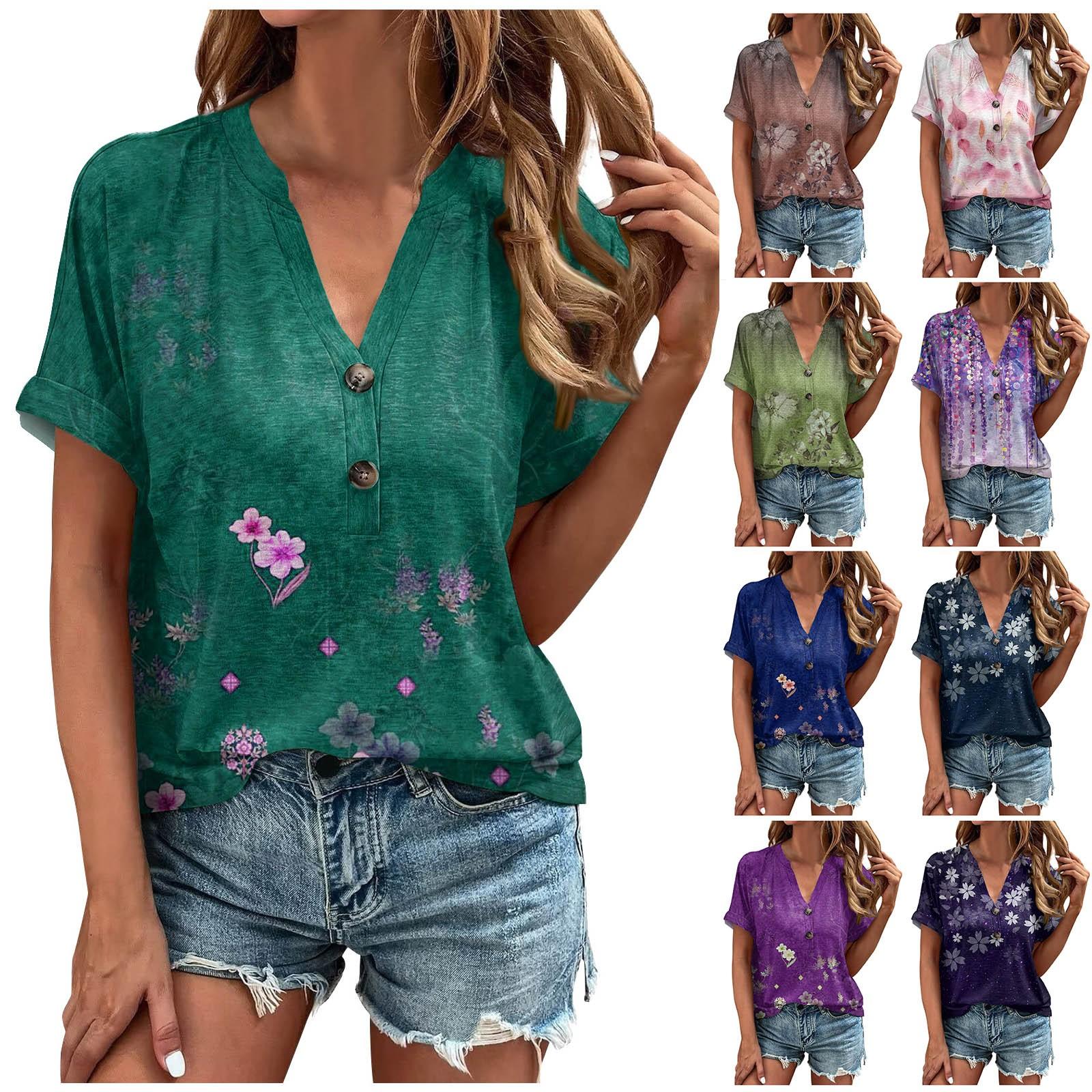 

Женская модная футболка с v-образным вырезом и пуговицами в стиле ретро с коротким рукавом и подложкой, топ