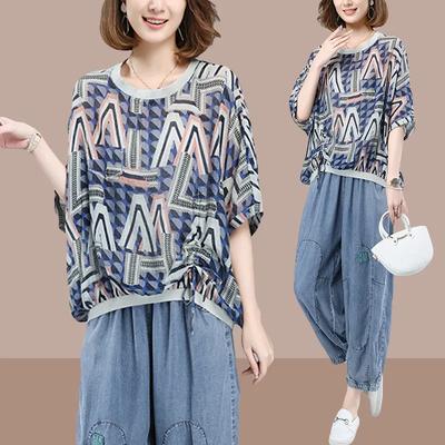 Casual Sports Suit Women's Summer Loose Plus Size Women's Age-reducing Blouse Jeans Two-piece Suit