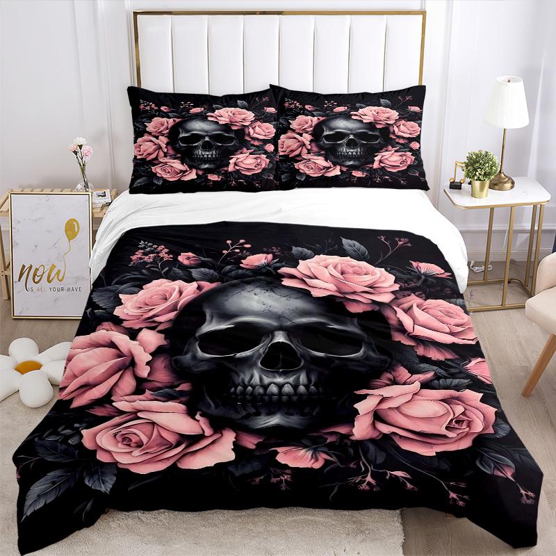 3pcs Skull In Bloom Bedding Set - 1 Soft Quilt Cover + 2 Pillowcases, Machine Washable - Suitable for All Seasons, Perfect Gift for Family and Fr