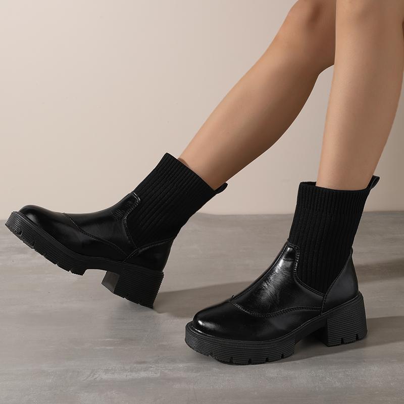 Popular Women's Winter Mid - Calf Slim - fit Fleece - lined Boots, Elastic Sock Boots, Chunky - heel Fashion Boots