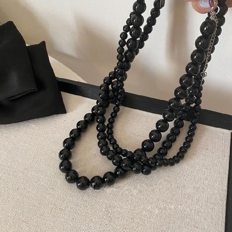 Strands Necklace Black Pearls Necklace Round Imitation Pearl Choker Clavicle