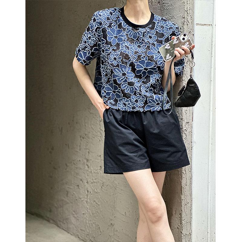 Orange Zhi Xia Summer Lace Cutout Jacquard T-shirt - High-end Round Neck Pullover Top