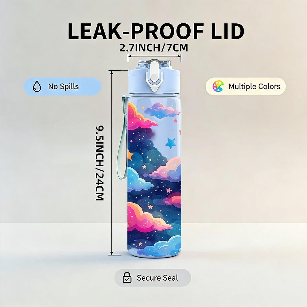 1PC Cloud Star Dream Galaxy Pattern 750ml Color Plastic Sports Water Bottle Leakproof Flip Straw Lid Suitable for Sports Office Home Use