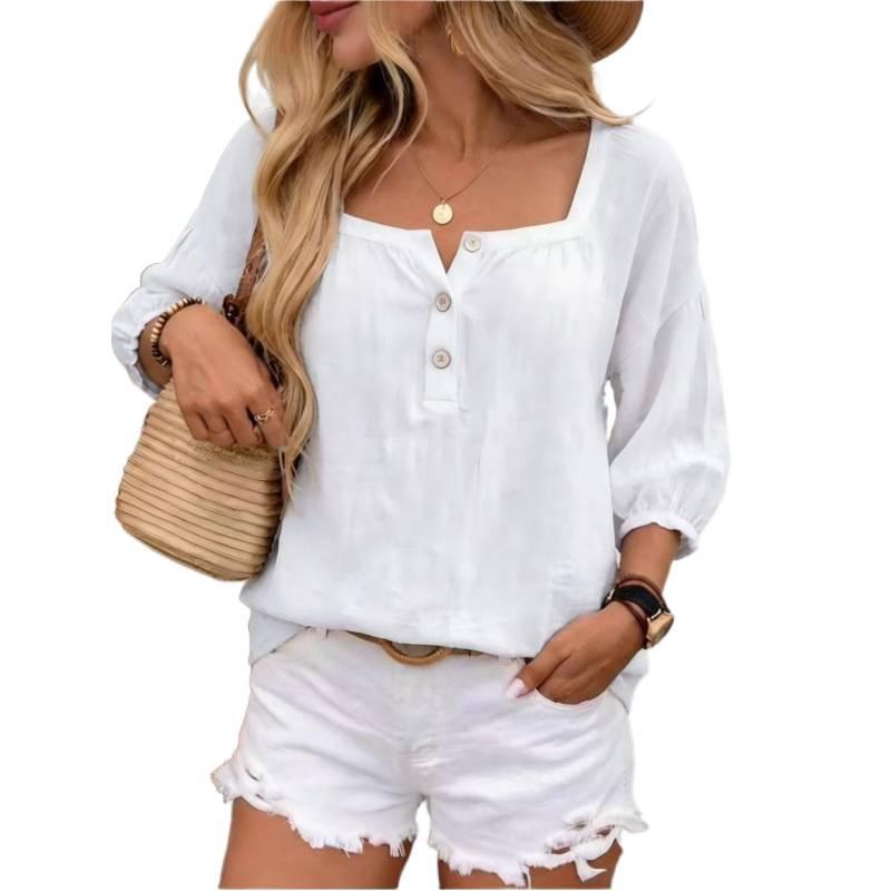Women Square Neck Linen Blouse Half Button Loose Boho Casual Summer Top
