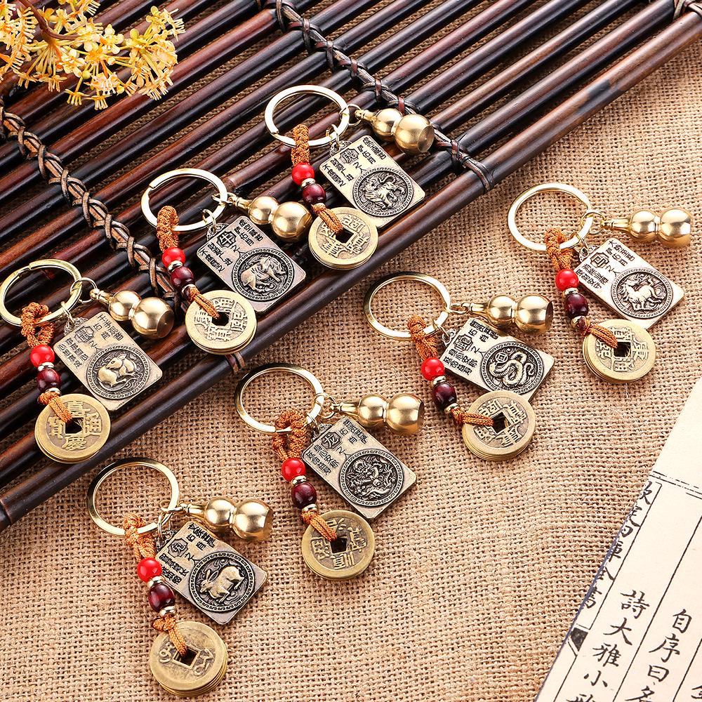 Dual-Sided Zodiac & Guardian God Copper Keychain Pendant