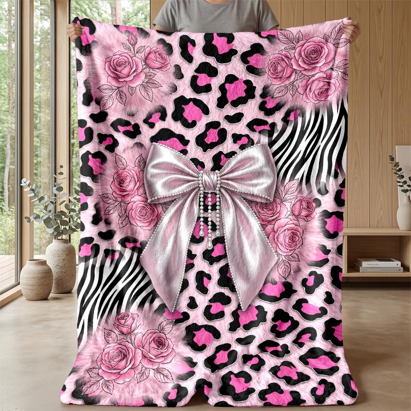Pink Leopard Roses Bow Theme blanket Lightweight Warm Flannel Blanket Decorative Throw Blanket for Home Decoration