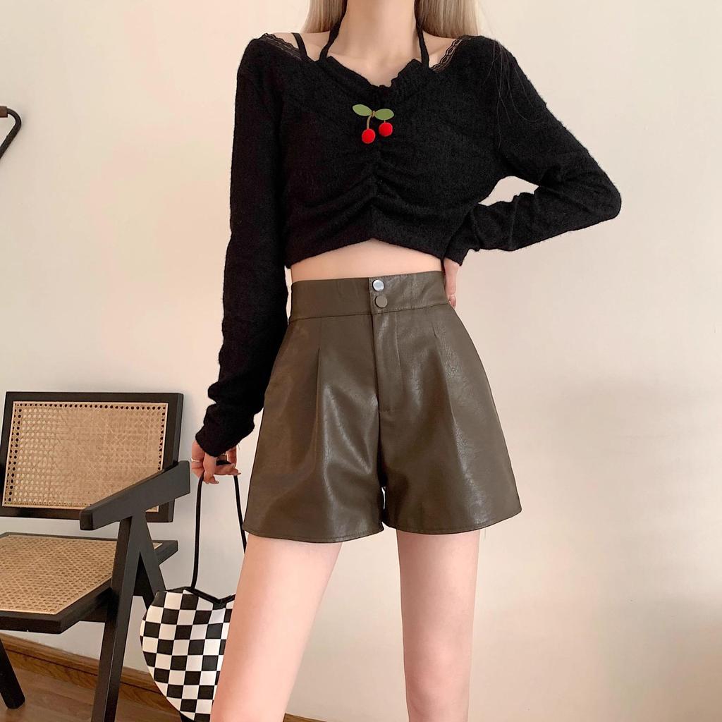 Autumn Brown High-Waist Slimming Leather Shorts for Women