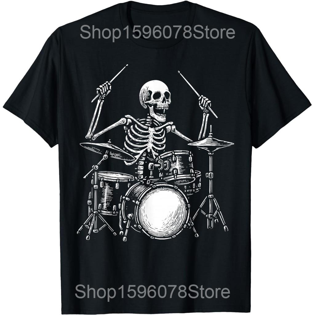Skeleton Drummer Drums Gift Drawing Present Music T Shirts Men Cotton Humor Streetwear Tee Short Sleeve Unisex Loose Clothing