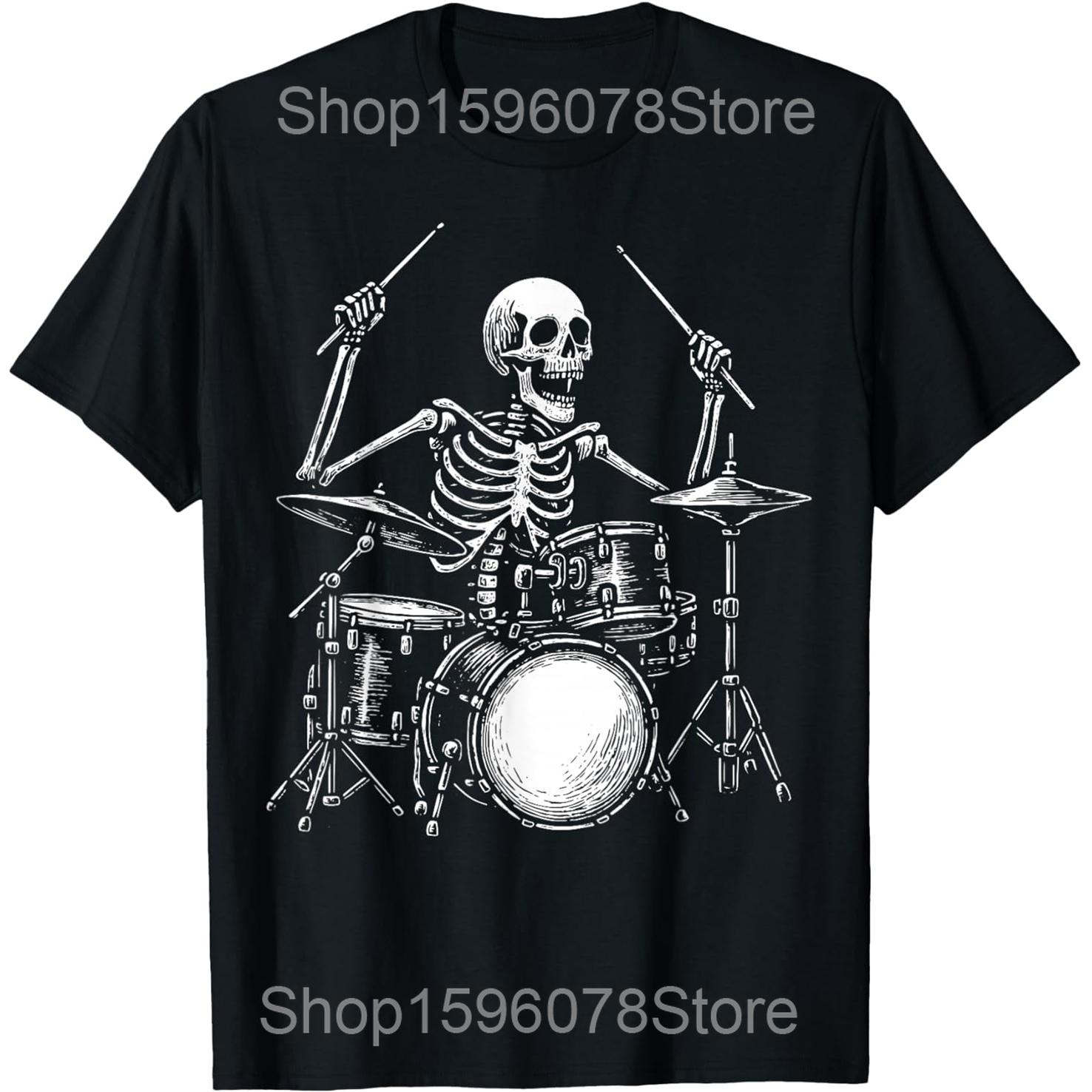 

Skeleton Drummer Drums Gift Drawing Present Music T Shirts Men Cotton Humor Streetwear Tee Short Sleeve Unisex Loose Clothing 4XL