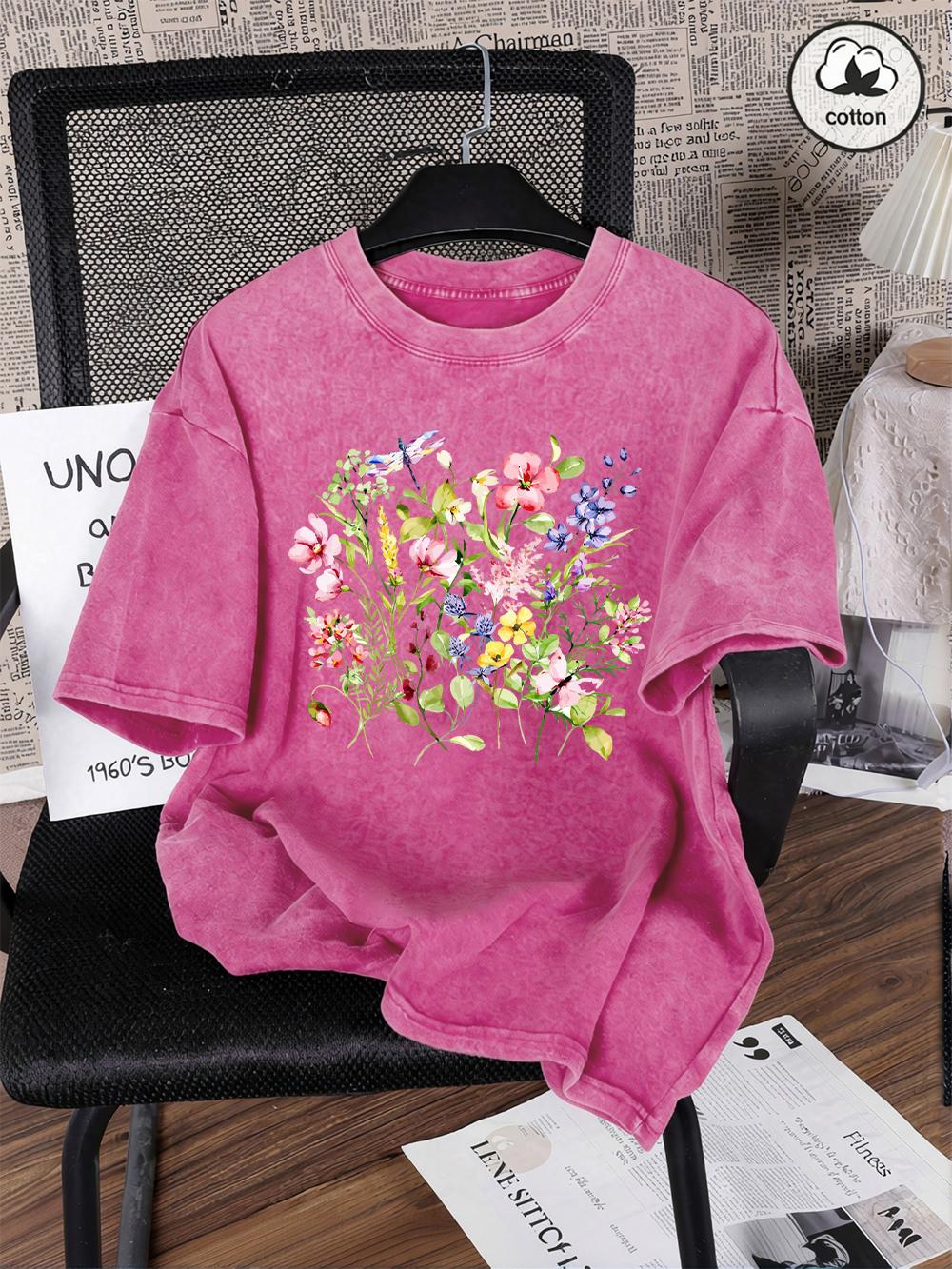 

Beautiful Flowers Dragonflies Print Washed TShirts Womens Cotton Oversize T Shirt Summer Short Sleeve Tops Basic ONeck Clothes S