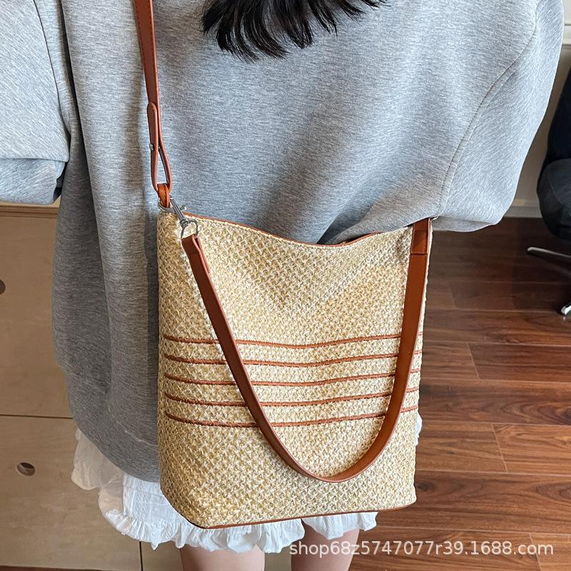 Summer Rainbow Woven Bag Women's 2025 New Large-capacity Straw Woven Bucket Bag Seaside Vacation Shoulder Messenger Bag
