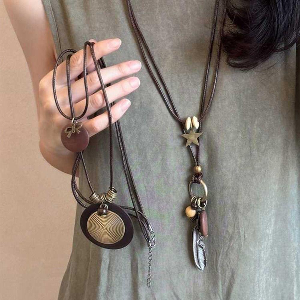 Geometric Ethnic Style Necklace Wood Long Sweater Chain Antique Bohemian Style Choker Lady