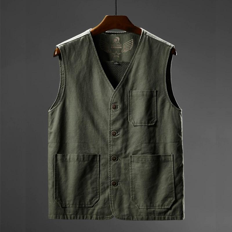 Men's Spring Plus Size V-neck Casual Vest Middle-aged and Elderly Single-breasted Multi-pocket Straight Hem Tops