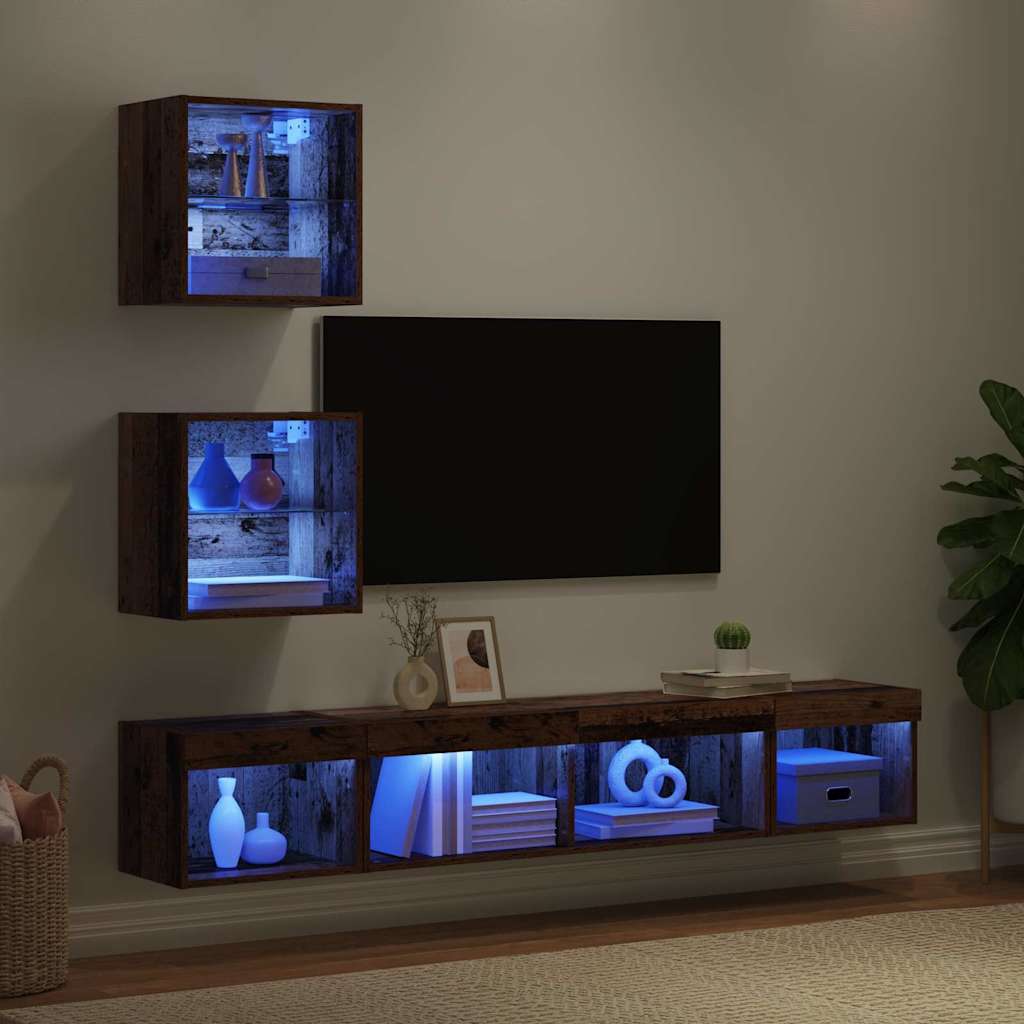 TV Wall Units with LED Lighting 5 pcs Reclaimed Wood Effect Particleboard