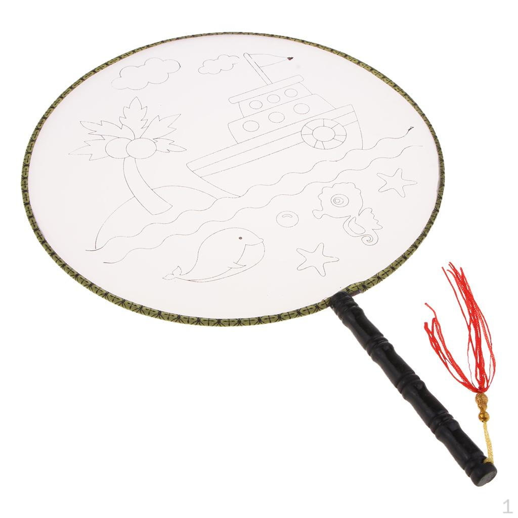 1 piece Ancient Handheld Fan Round Paddle Mandarin Handle with Fabric, Blank Patterns