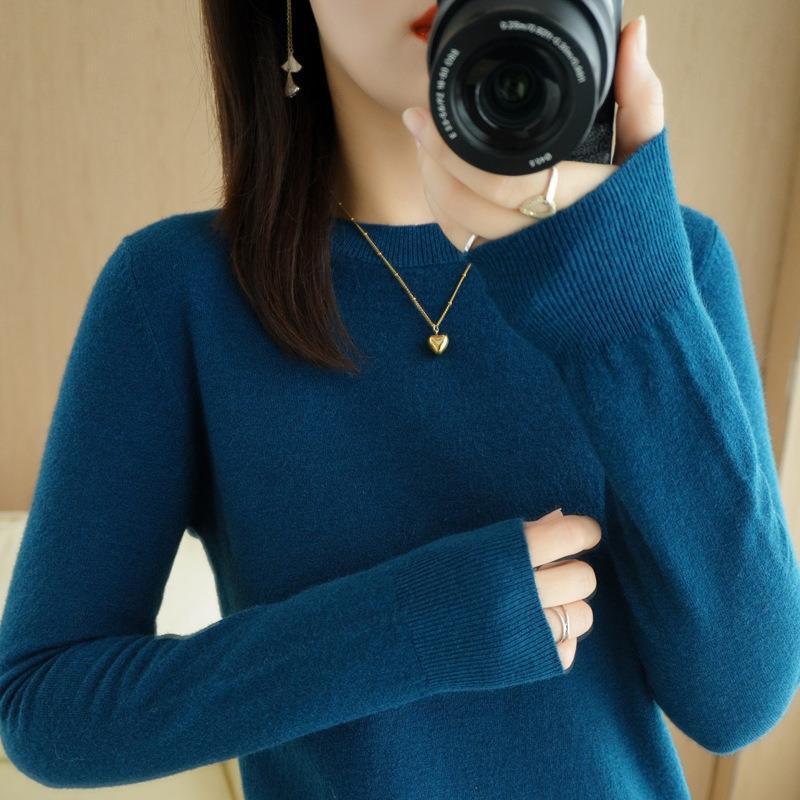 Women's Slim-Fit Round Neck Knitted Pullover, Long Sleeve, Base Layer for Spring/Autumn 2023, Non-Cashmere Top