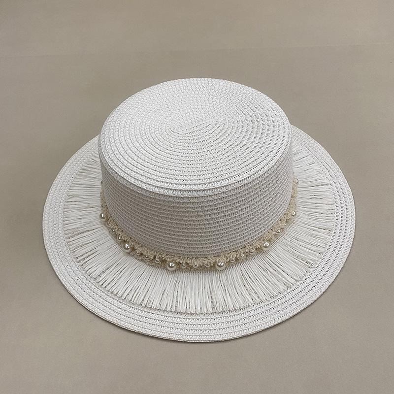Tassel Pearl Flat Top Straw Hat Women'S Summer British Top Hat Travel Casual Sun Hat Outdoor Sun Protection Hat
