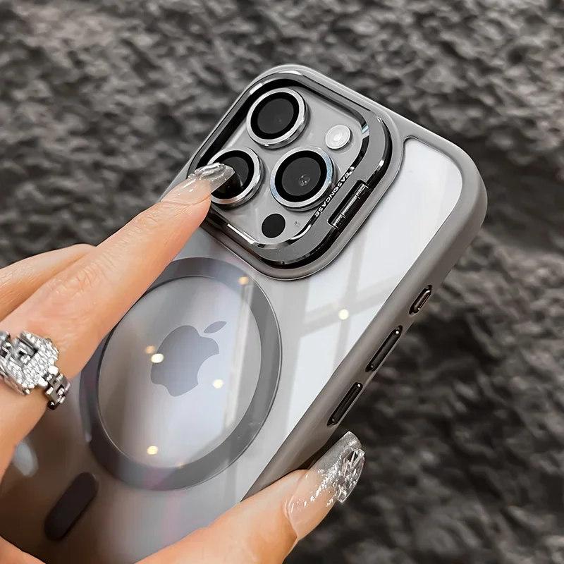 Luxuriöse, magnetische, stoßfeste Telefonhülle für iPhone15 14 13 12 11 Pro Max Plus Funda Standglaslinsenschutz Rückseite