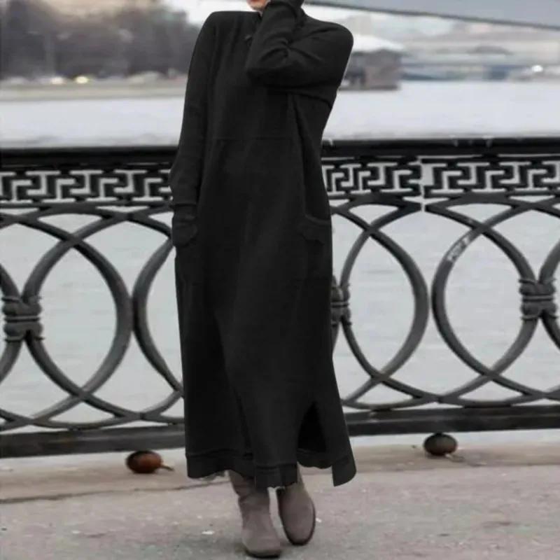 

Autumn Women s Fashion Simple Retro Hooded Commuter Dress Winter Long Sleeve Pocket Solid Color Hooded Robe XS