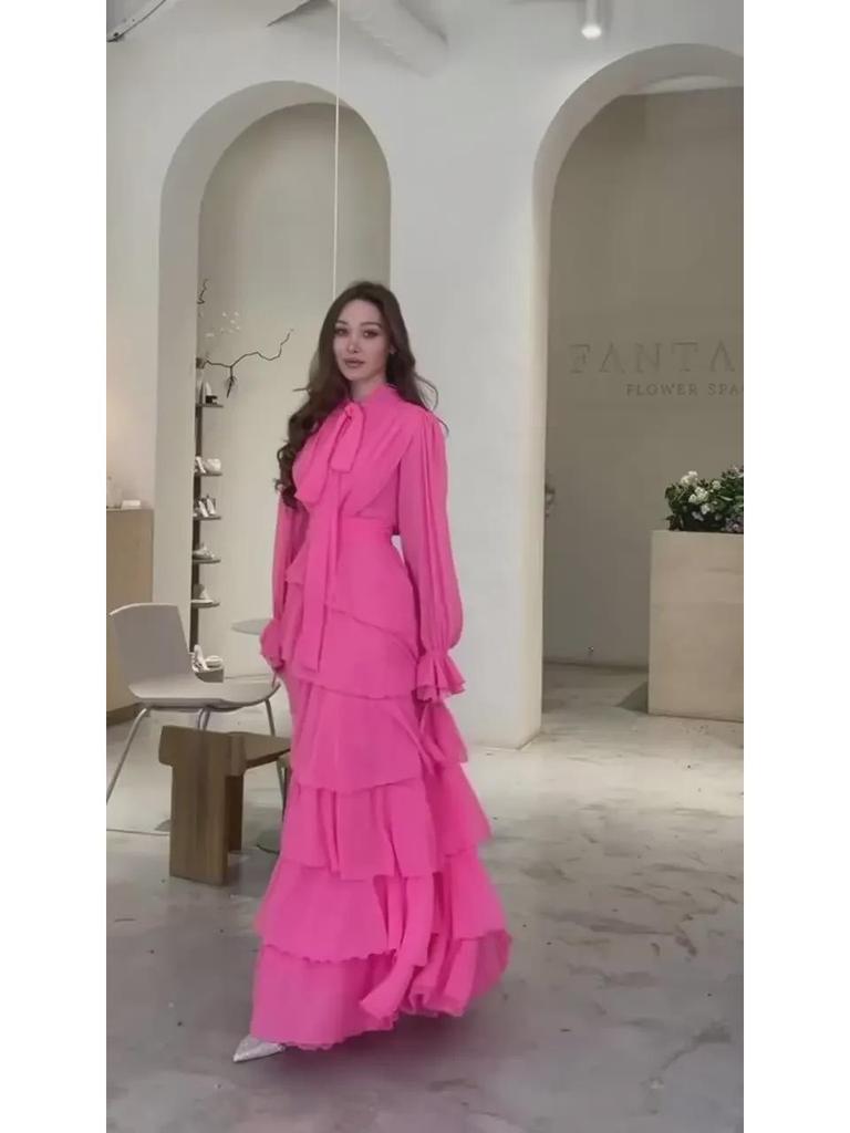 2024 Autumn Ruffle Stitch Chiffon Palace Dress with Half High Collar