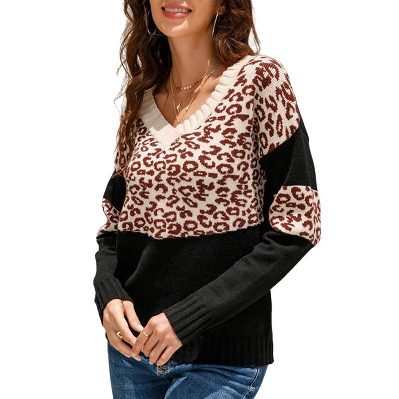 Pulover cu imprimeu de leopard de modă Toamnă Sexy Pulovere cu umăr dezactivat Haine largi de iarnă Topuri tricotate calde cu fundul 29446