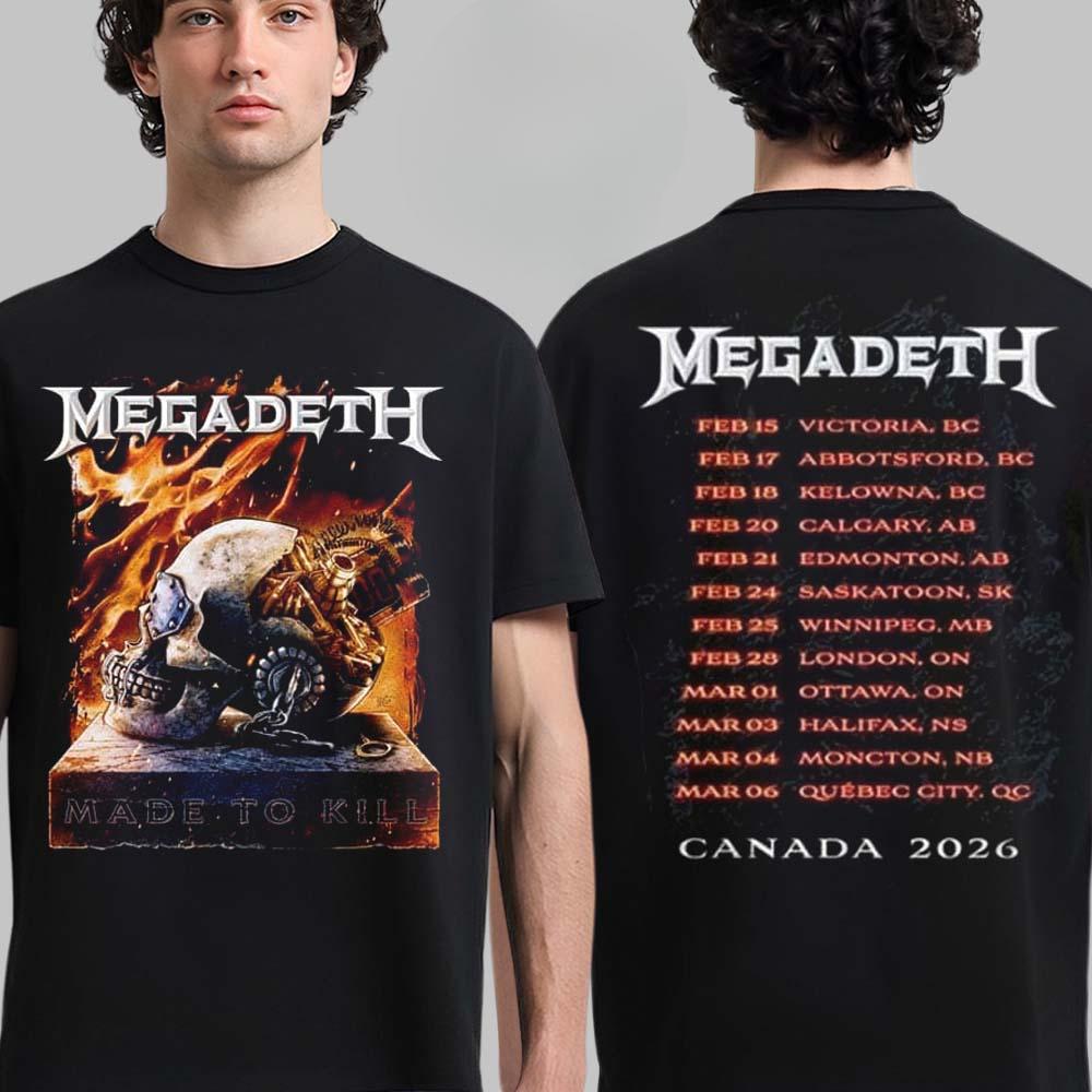 Megadeth Canada 2026 Tour Front Back Graphic Print T Shirt Unisex Thrash Metal Band Merch Short Sleeve Streetwear Tees Tops for Men Women Fan Clothes