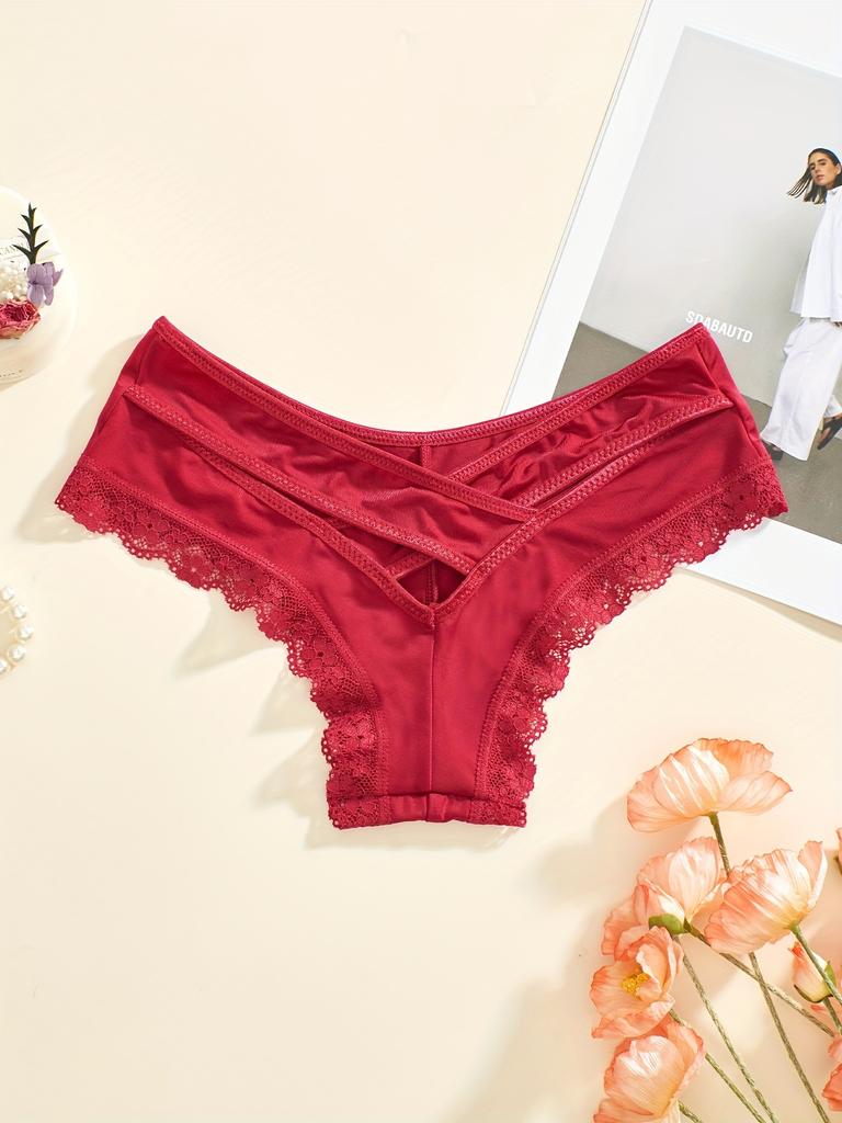 Lace Trim Hipster Panties, Cross Hollow Out Breathable Intimates Panties, Women's Lingerie & Underwear